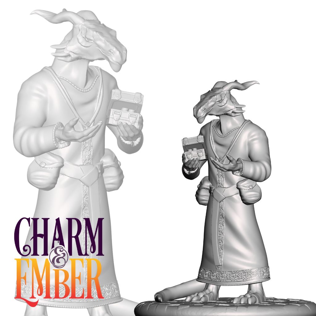 Dragonborn merchant tax collector holding a small chest with arcane flair.