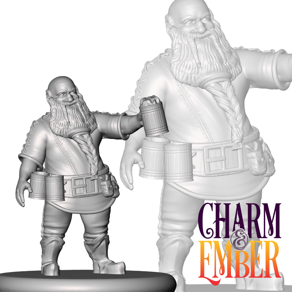 Jolly dwarf tavern keeper holding up a tankard of ale and smiling.