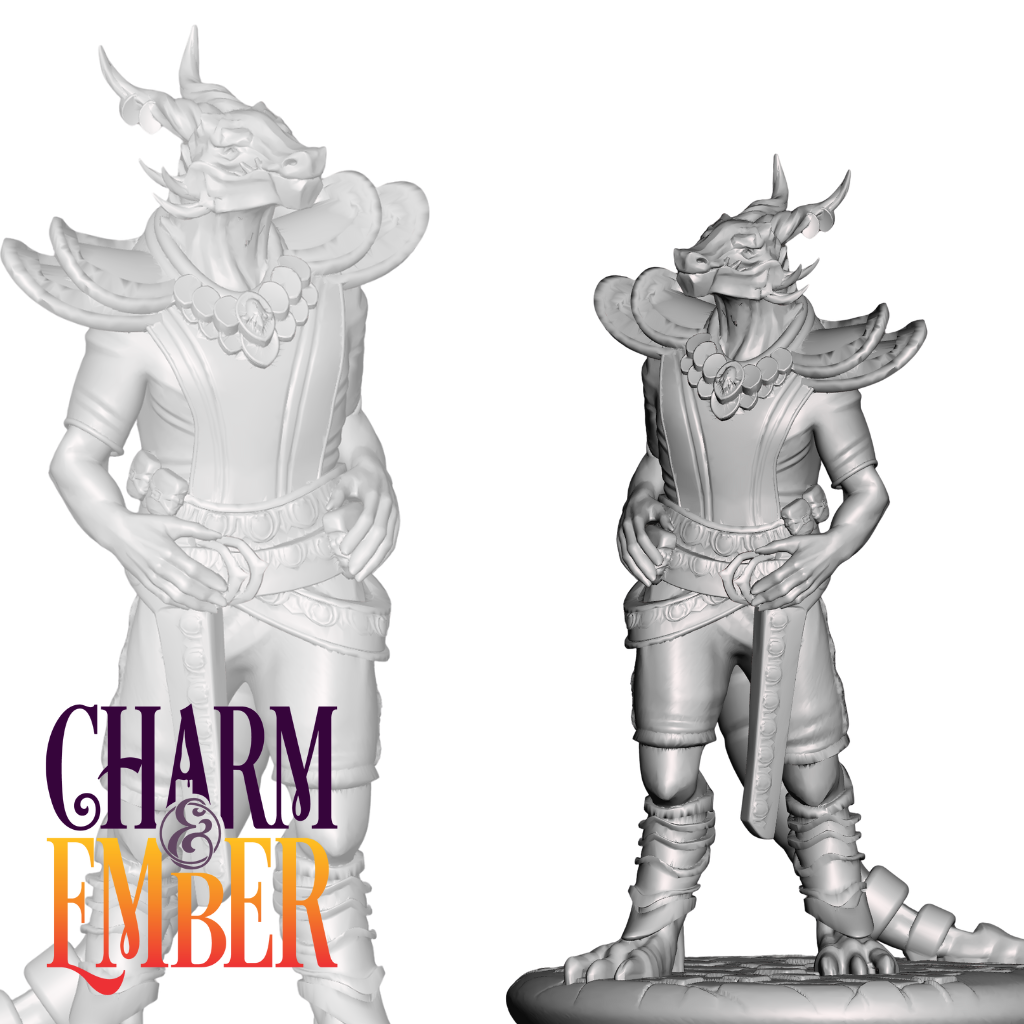 Armored dragonborn enforcer with decorative chestplate and short sword, standing alert.