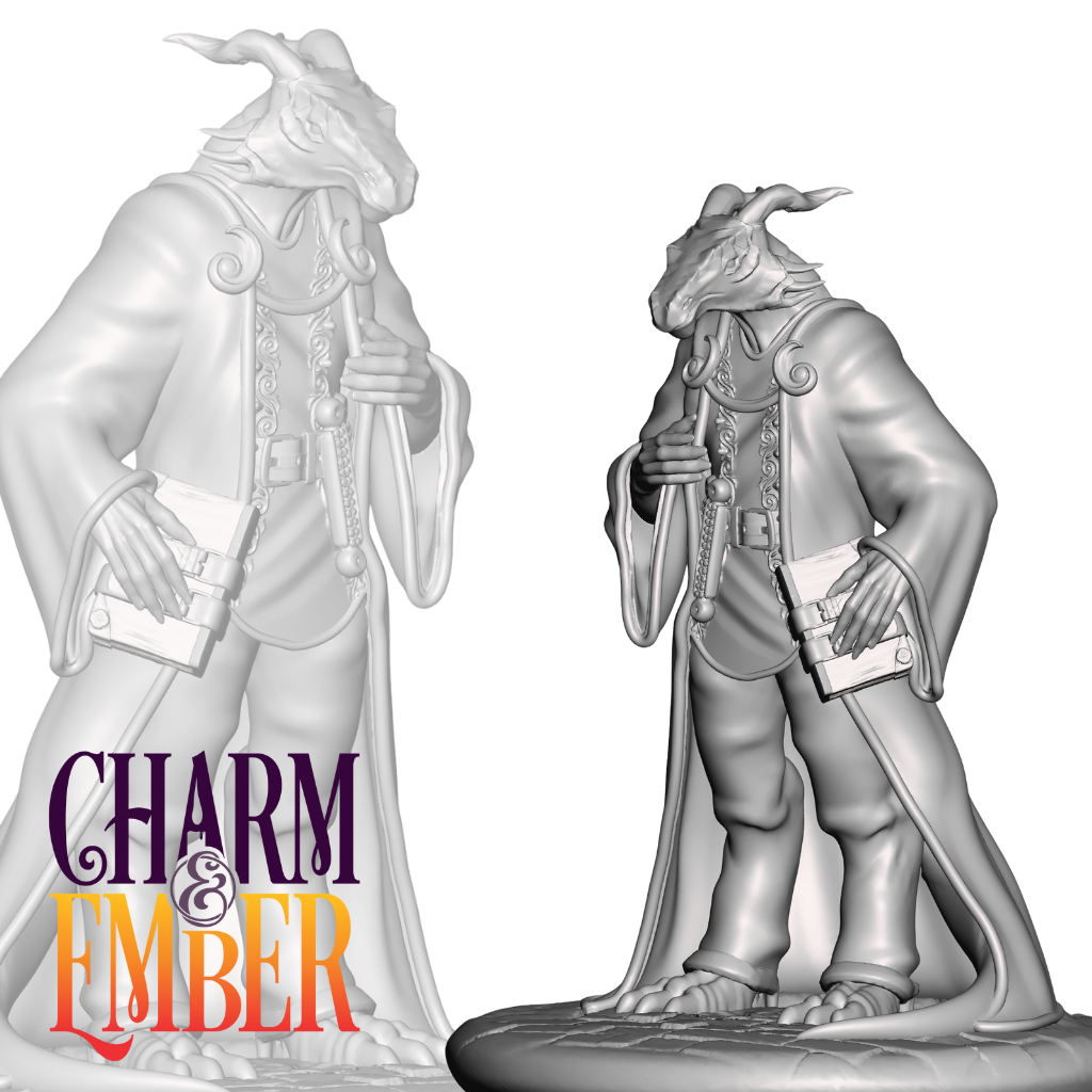 Cloaked dragonborn scholar with a wise pose and mysterious presence.