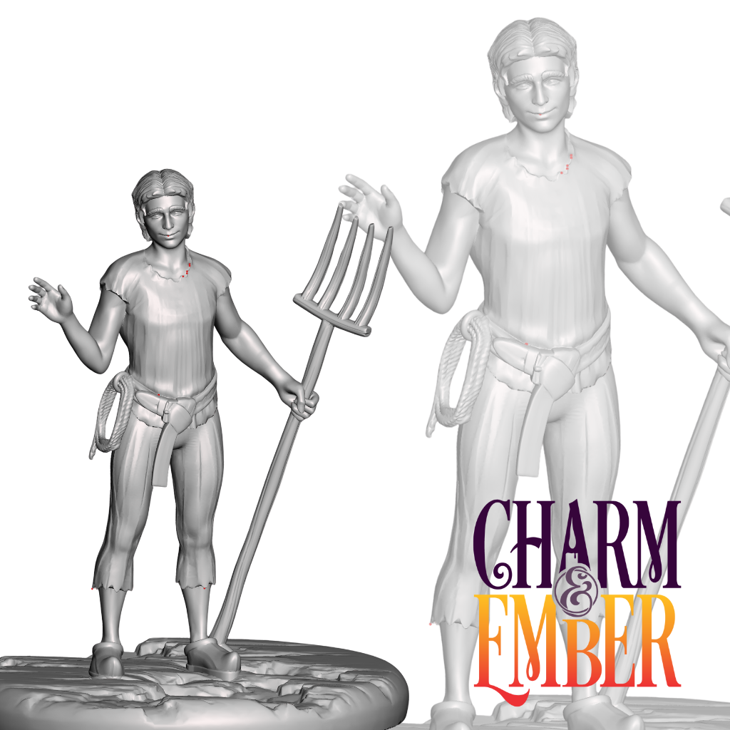 Townfolk miniature posed with rope belt and pitchfork