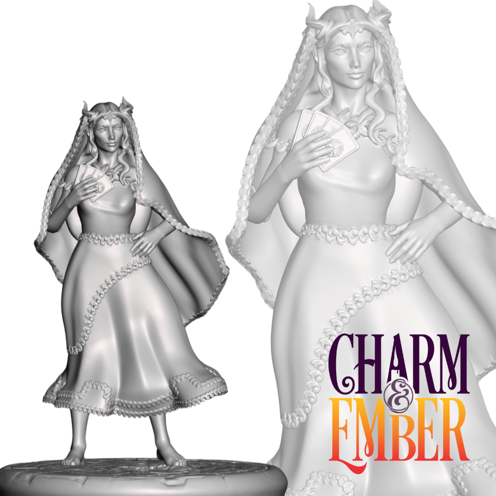 Elven fortune teller miniature holding tarot cards in an elegant village dress