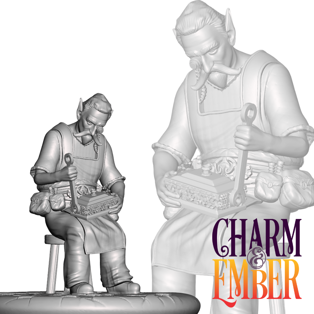 Gnome tinkerer miniature seated with tools and project box.