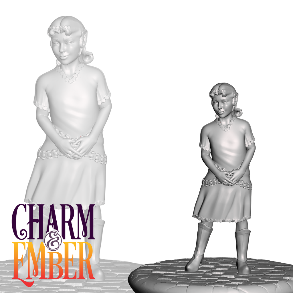 A young half-elf girl wearing a flower crown and a shy smile, posed sweetly on a cobblestone base