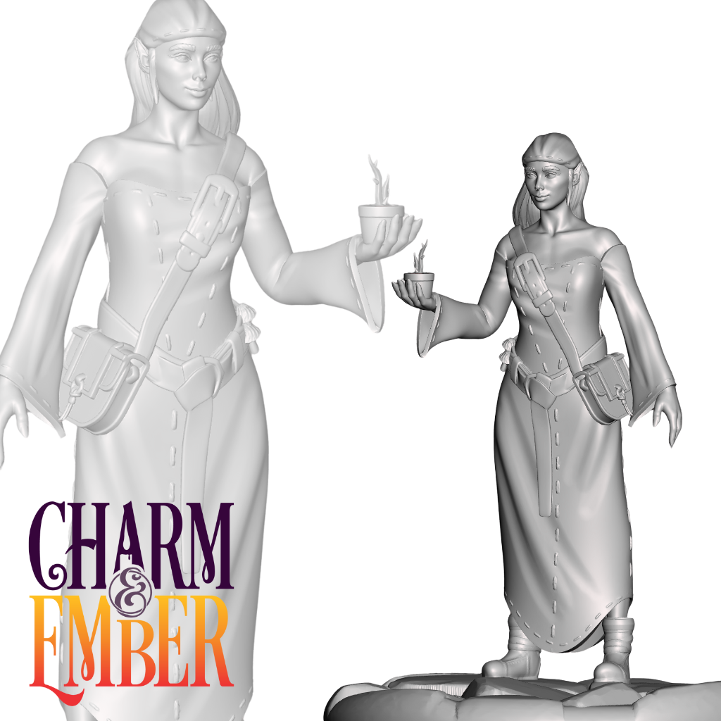 Elf townsfolk mini holding a small potted plant, wearing a long dress and satchel.