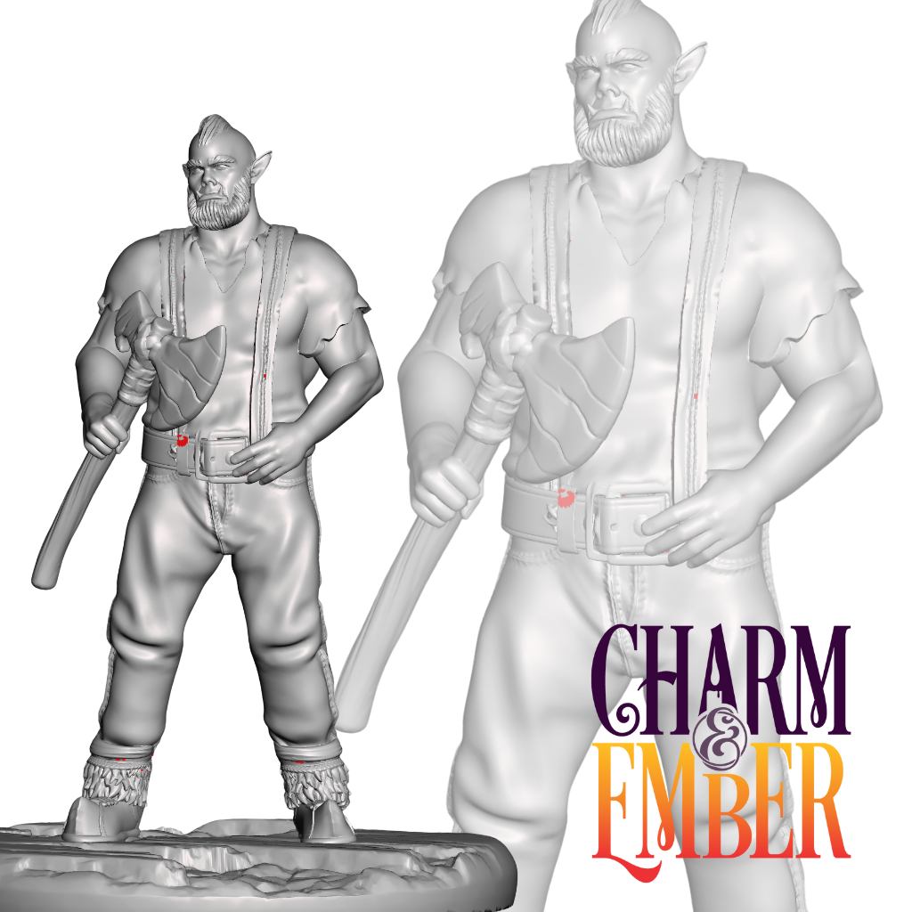 Rugged half-orc lumberjack holding an axe
