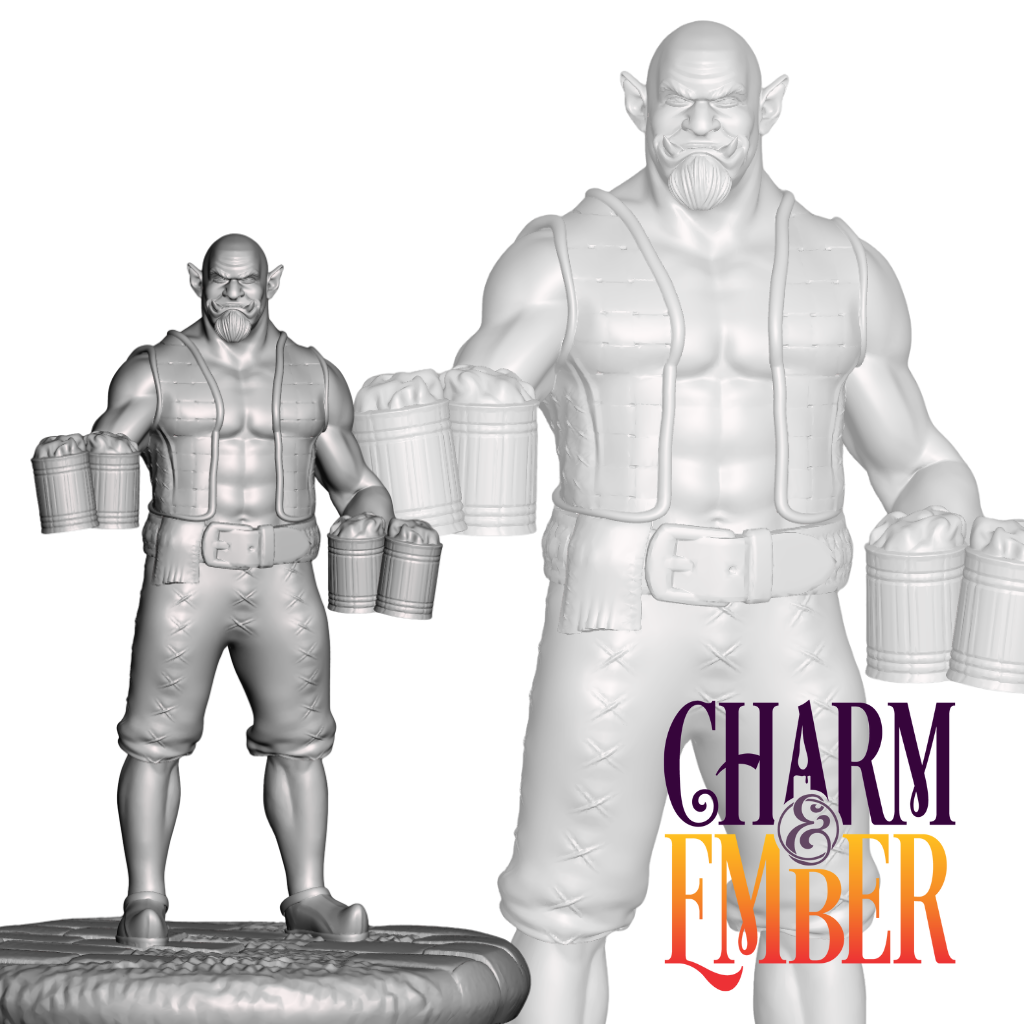 Muscular orc bartender holding six beer mugs