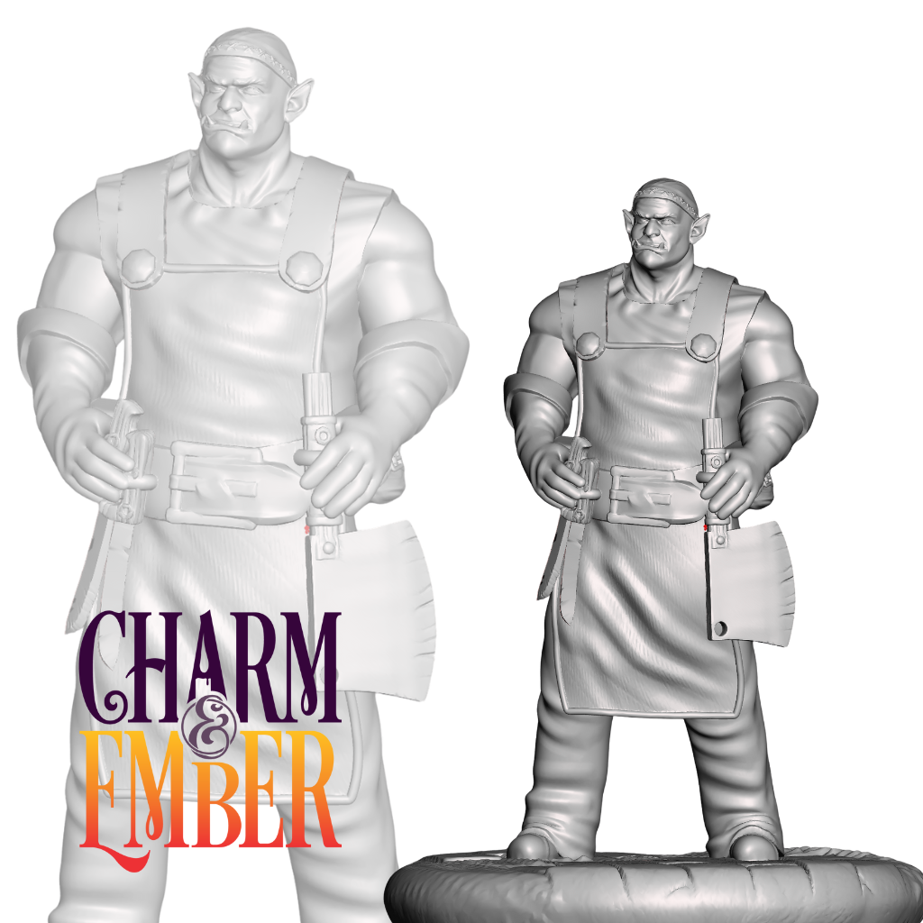 Half-orc townfolk mini with muscular build and grim expression