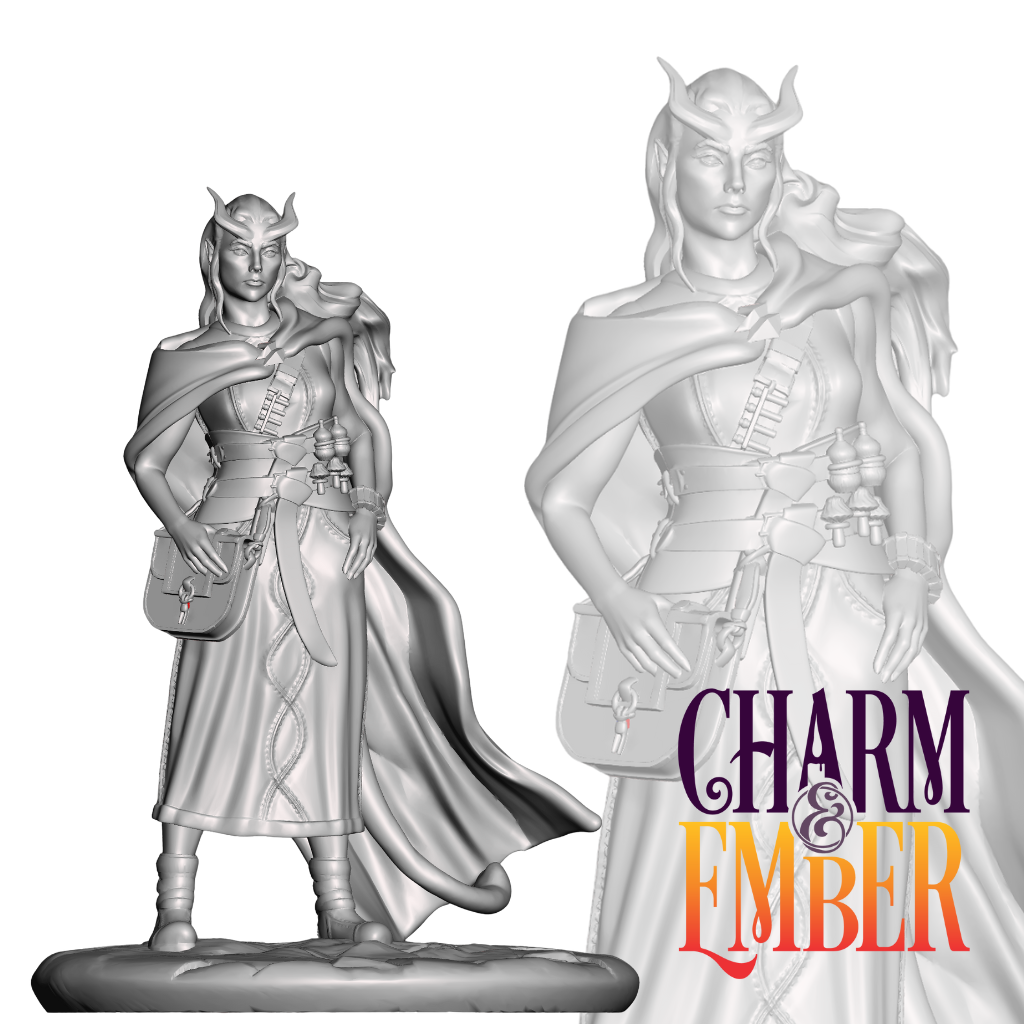 Miniature of a female tiefling alchemist or apothecary with potion bottles and a leather satchel.