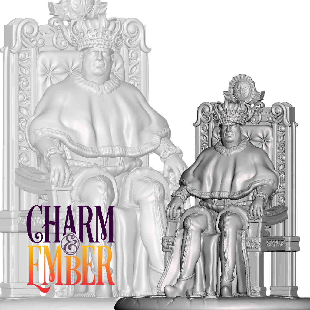 King with crown and fur-lined robe on detailed throne