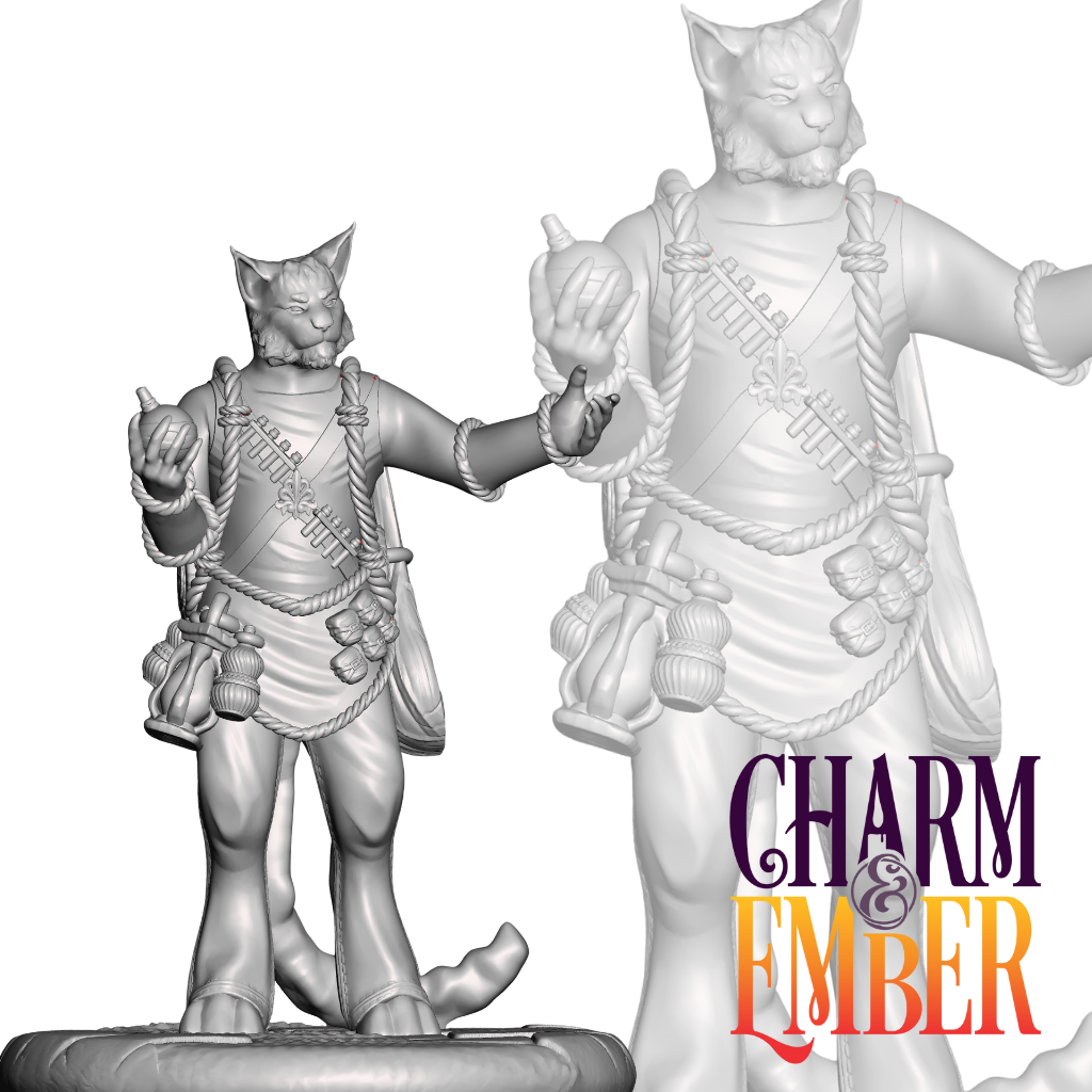 Tabaxi merchant holding potions and laced with rope-wrapped wares