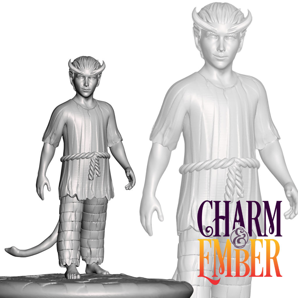 Tiefling villager child, barefoot with a rope belt and humble clothing