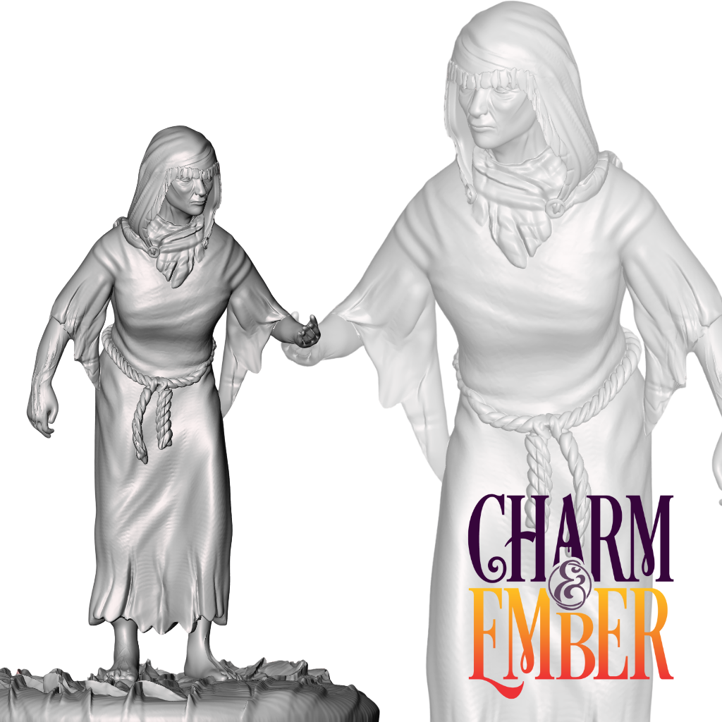 Hooded town elder or hermit, barefoot and robed