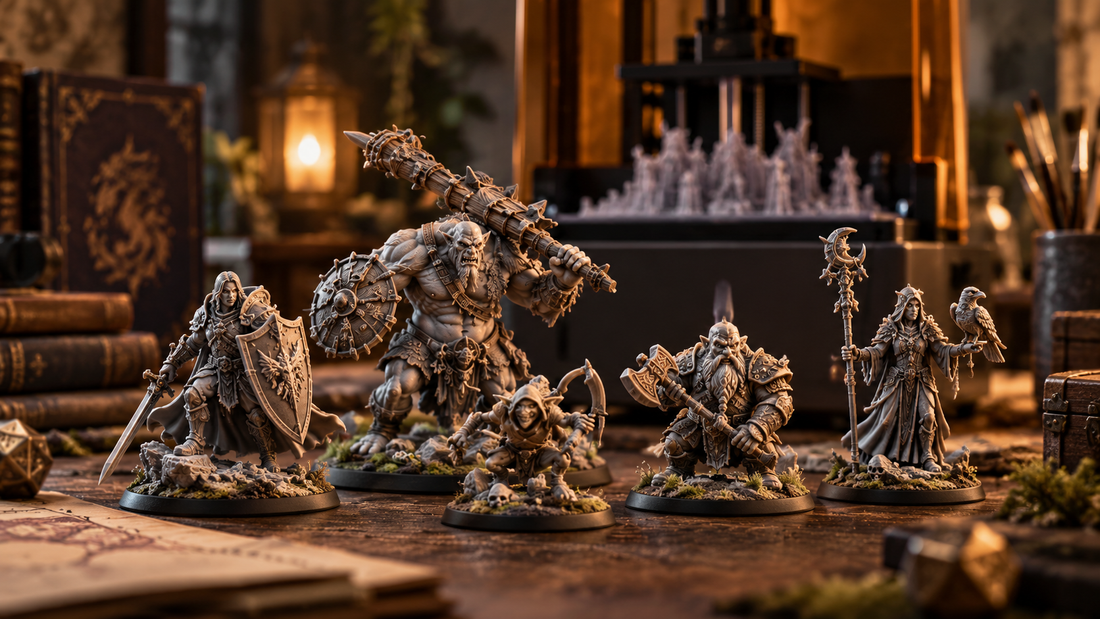 Fantasy tabletop miniatures displayed on a rustic gaming table in a warm-lit workshop, with a resin printer and additional miniatures in the background.