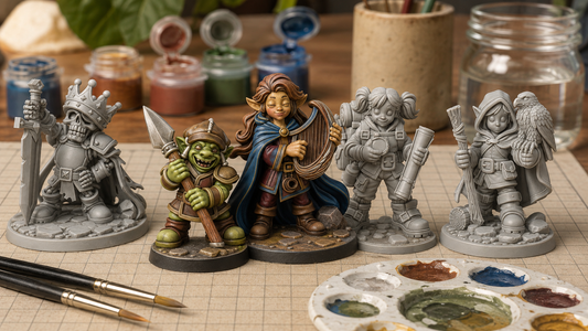 Two painted Young Adventurers fantasy miniatures beside three unpainted miniatures with beginner paints and brushes.