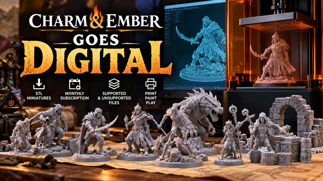 Charm & Ember Goes Digital banner featuring 3D printable fantasy STL miniatures, a resin 3D printer, and tabletop terrain for the Monthly STL Miniature Subscription.