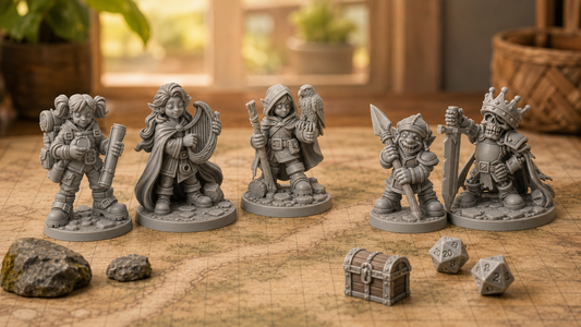 Three unpainted fantasy hero miniatures facing a friendly goblin and crowned skeleton on a tabletop battle map.
