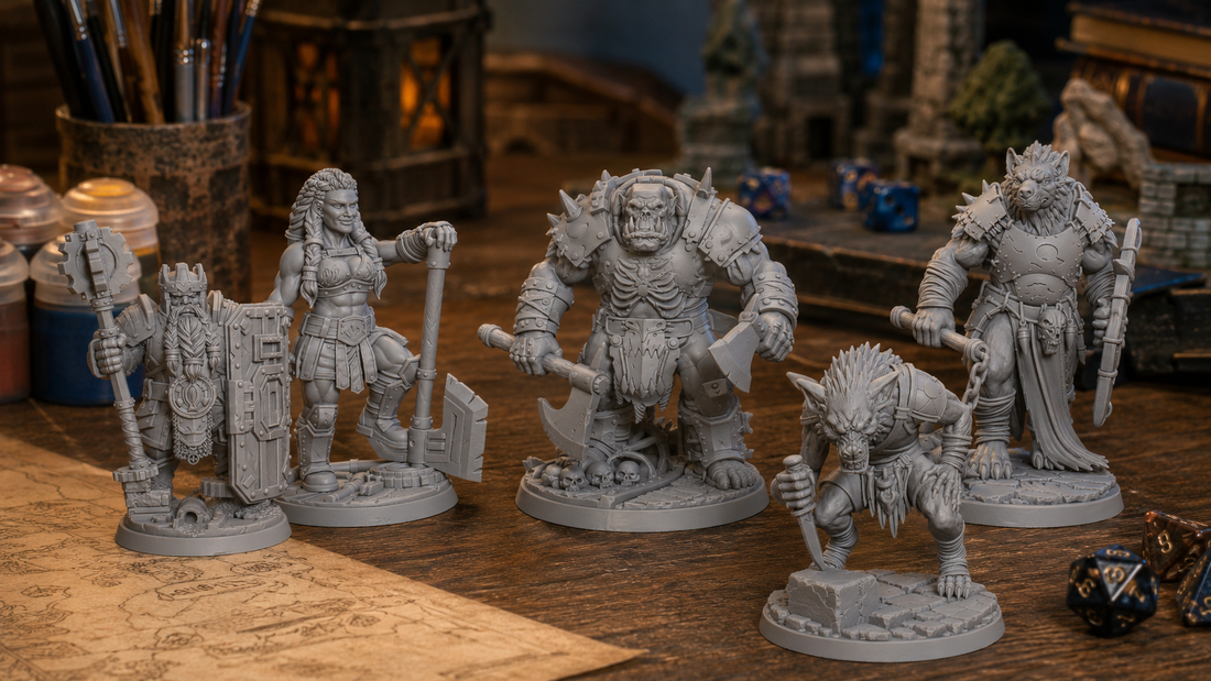 Unpainted resin D&D miniatures from three Charm & Ember monthly subscription themes