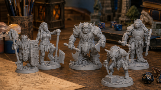 Unpainted resin D&D miniatures from three Charm & Ember monthly subscription themes