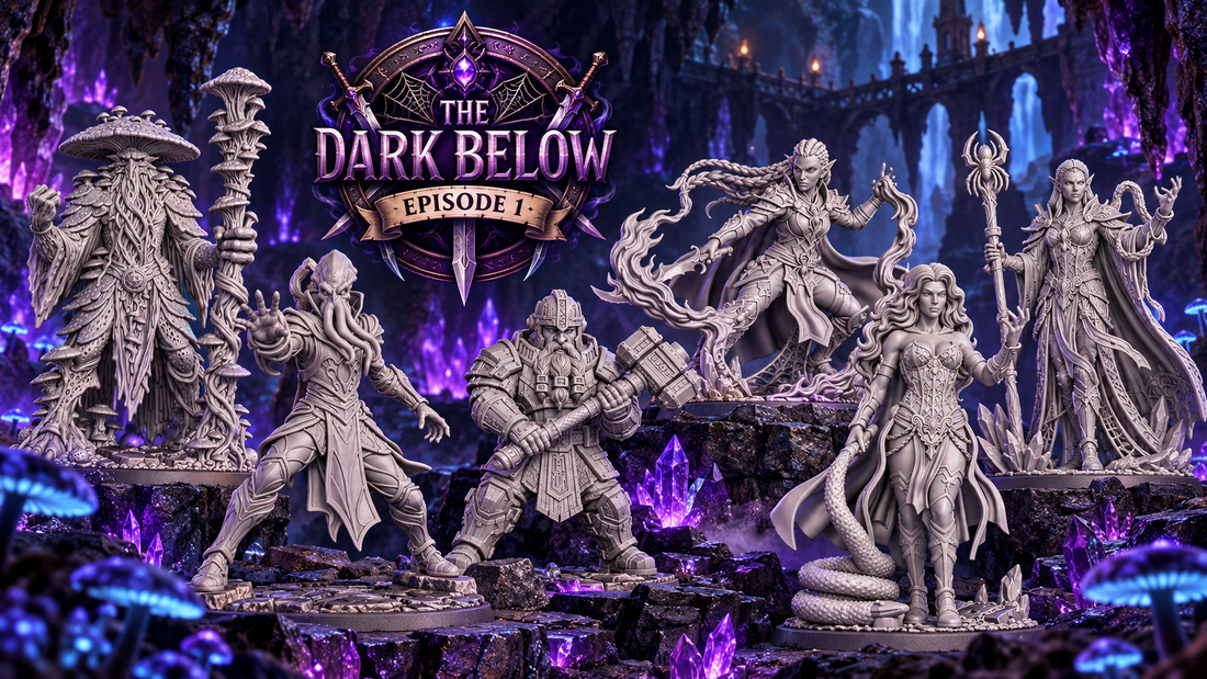 The Dark Below Episode 1 fantasy miniature collection featuring dark-elven characters, fungal creatures, deep-dwarf warriors, and psychic horrors in an underground cavern setting.
