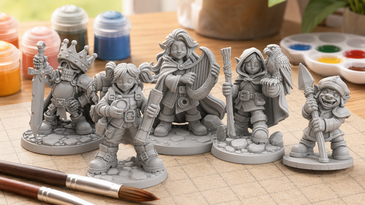 Unpainted Young Adventurers fantasy miniatures designed for kids and beginner painters, displayed with paints and brushes.