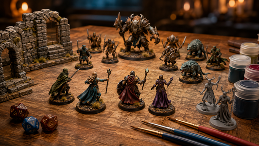 Painted and unpainted fantasy TTRPG miniatures arranged for a tabletop roleplaying encounter with dice, terrain and painting supplies