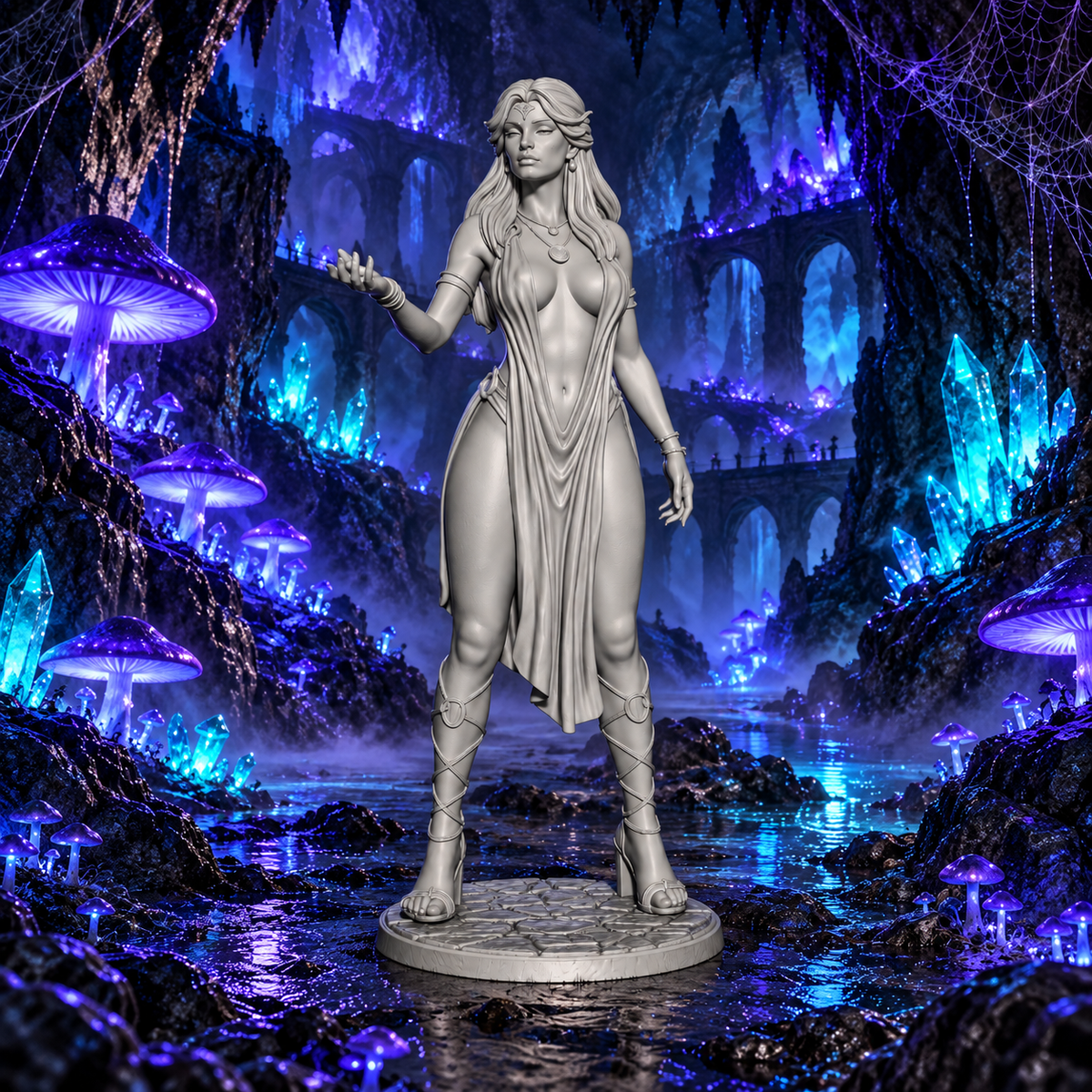 Unpainted Lady of Darkness fantasy statue standing in a glowing subterranean cavern surrounded by bioluminescent mushrooms, crystals, and ancient stone bridges.