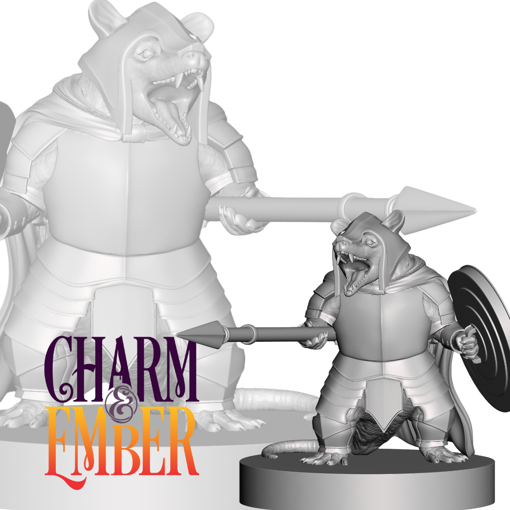 Opossum knight miniature wielding a spear and trash-can lid shield in battle stance