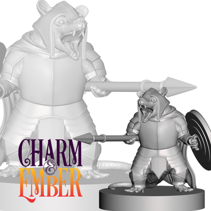 Opossum knight miniature wielding a spear and trash-can lid shield in battle stance