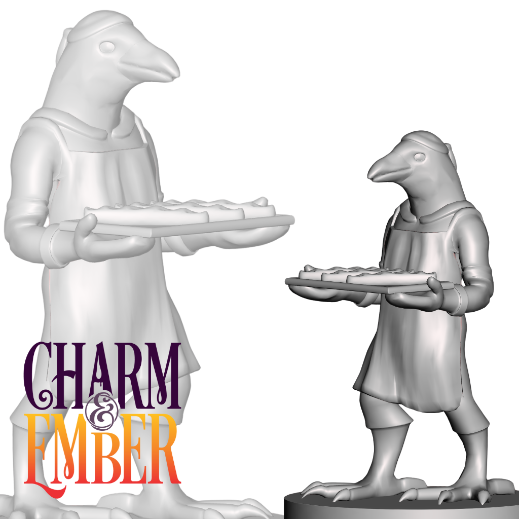 Birdfolk baker miniature holding a tray of bread