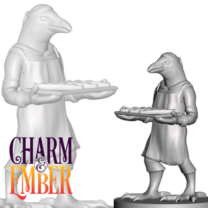Birdfolk baker miniature holding a tray of bread