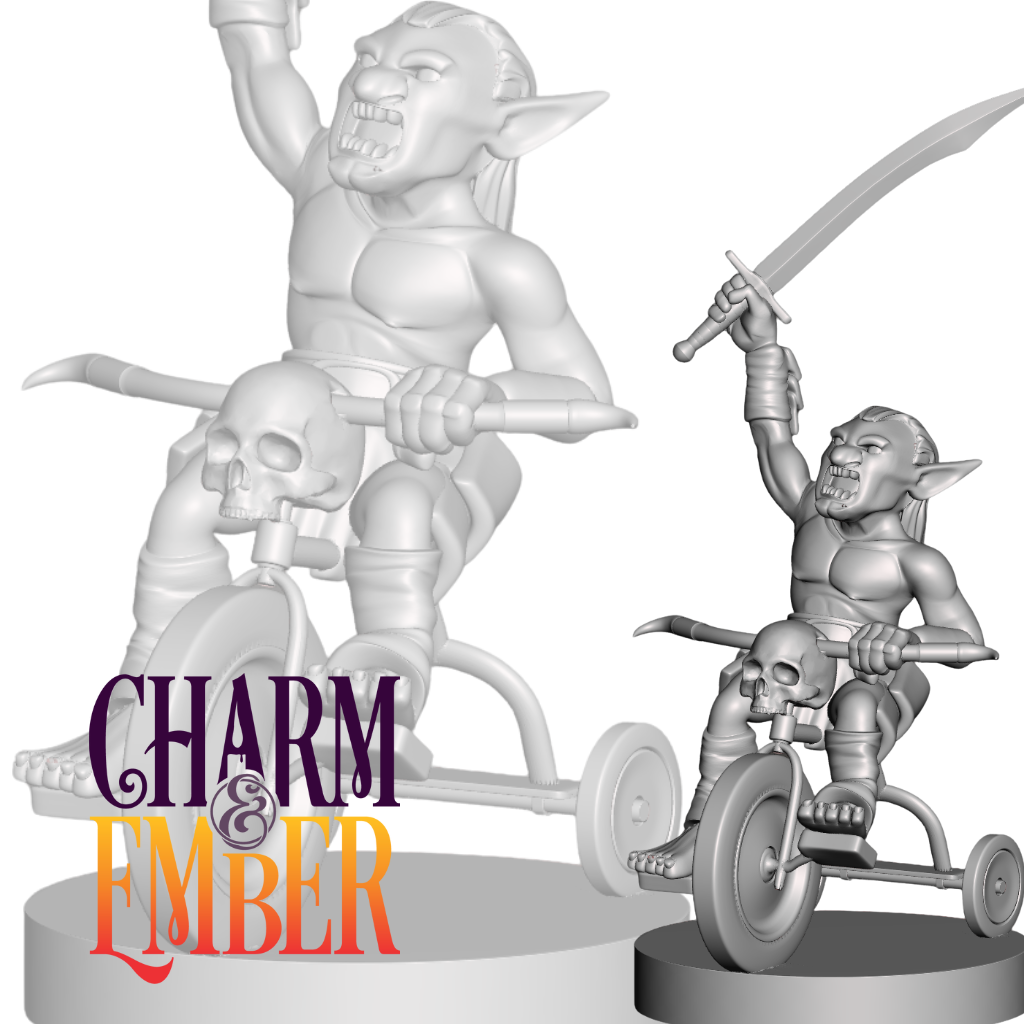 A goblin miniature riding a tricycle, holding a large sword with a skull on the handlebars.
