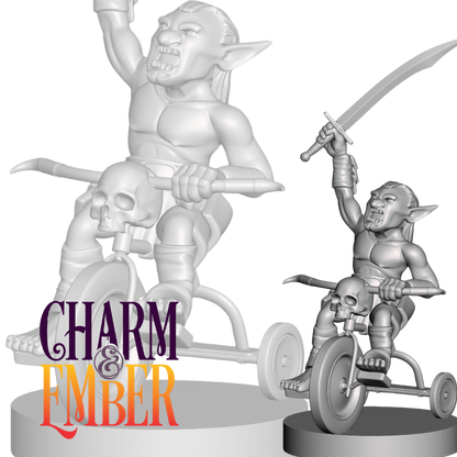 A goblin miniature riding a tricycle, holding a large sword with a skull on the handlebars.