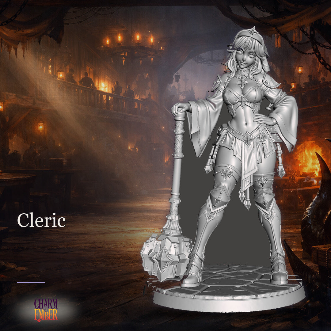 Cleric tabletop miniature with long flowing hair, ornate armor with star motifs, large hammer weapon, flowing wide sleeves, UwU Fantasy Miniatures Pack, Charm & Ember