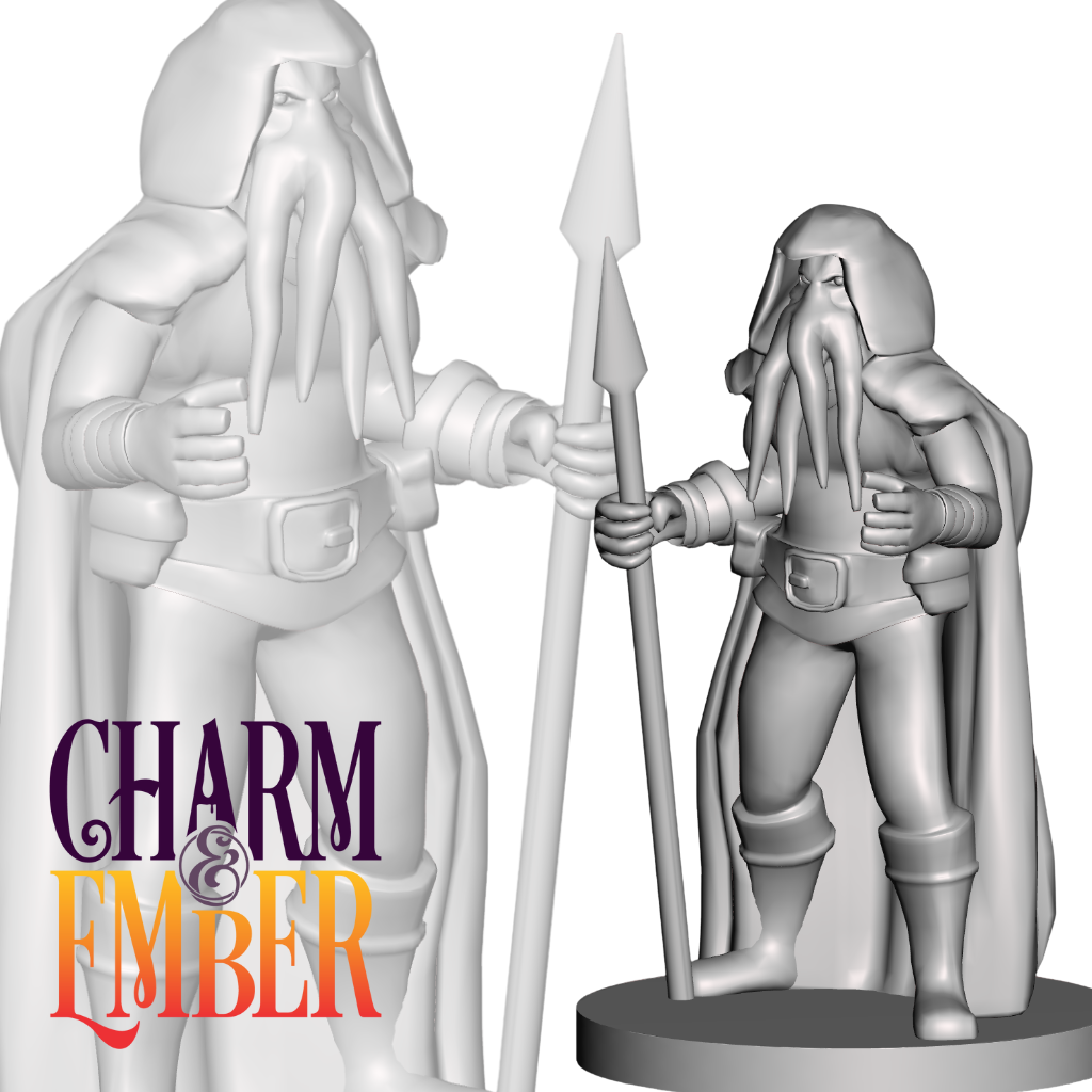 Illithid guard mini with a hooded cloak, spear, and chilling stare