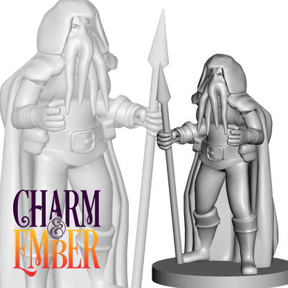 Illithid guard mini with a hooded cloak, spear, and chilling stare