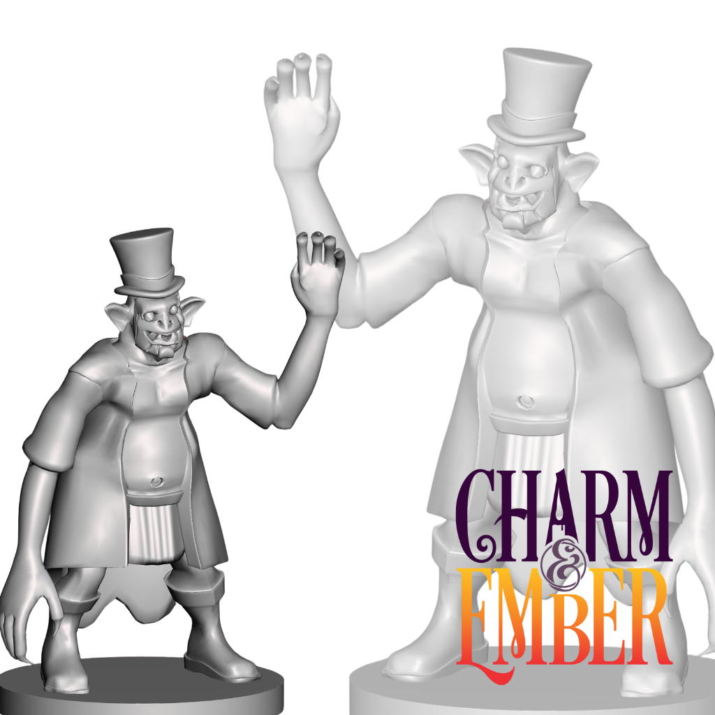 Dapper goblin greeter with a snaggle-toothed grin and formal attire