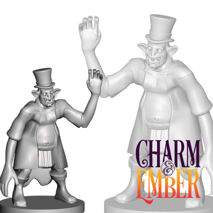 Dapper goblin greeter with a snaggle-toothed grin and formal attire