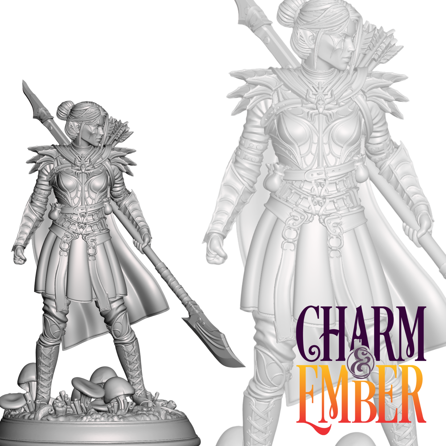 Dark elf huntress posed with spear and bow, standing on fungal terrain