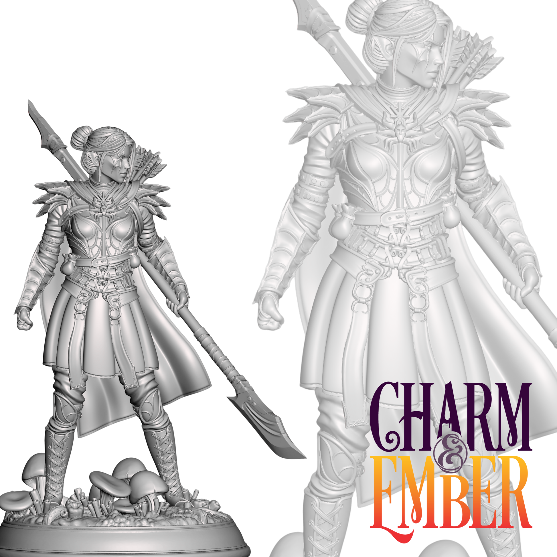 Dark elf huntress posed with spear and bow, standing on fungal terrain