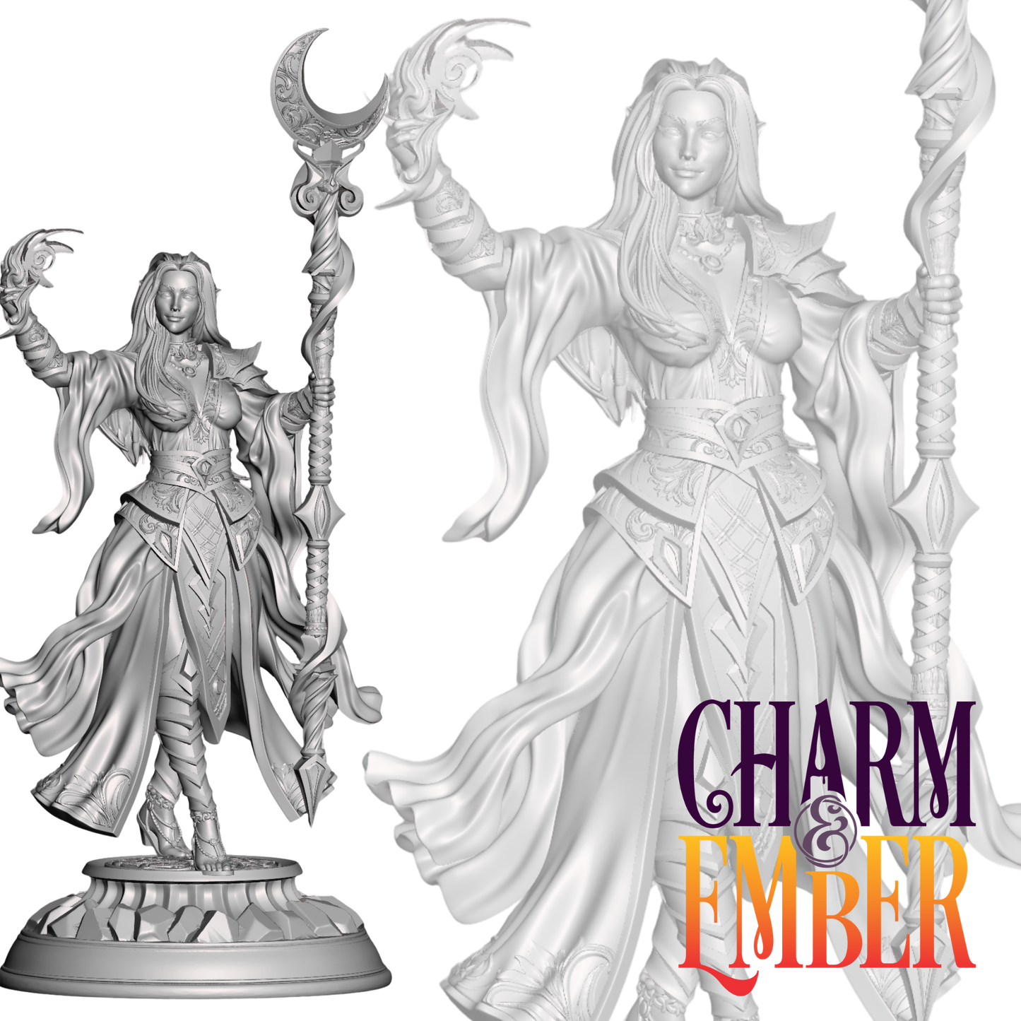 Dark elf sorceress holding a crescent moon staff