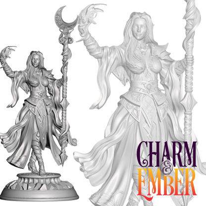 Dark elf sorceress holding a crescent moon staff