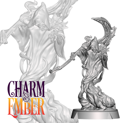 Undead reaper mini with scythe and tattered cloak, ideal for bosses, wraiths, or grim haunting encounters