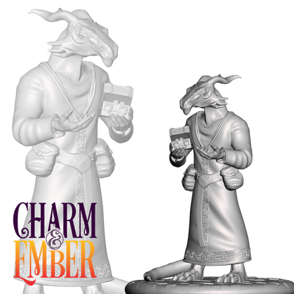 Dragonborn merchant tax collector holding a small chest with arcane flair.