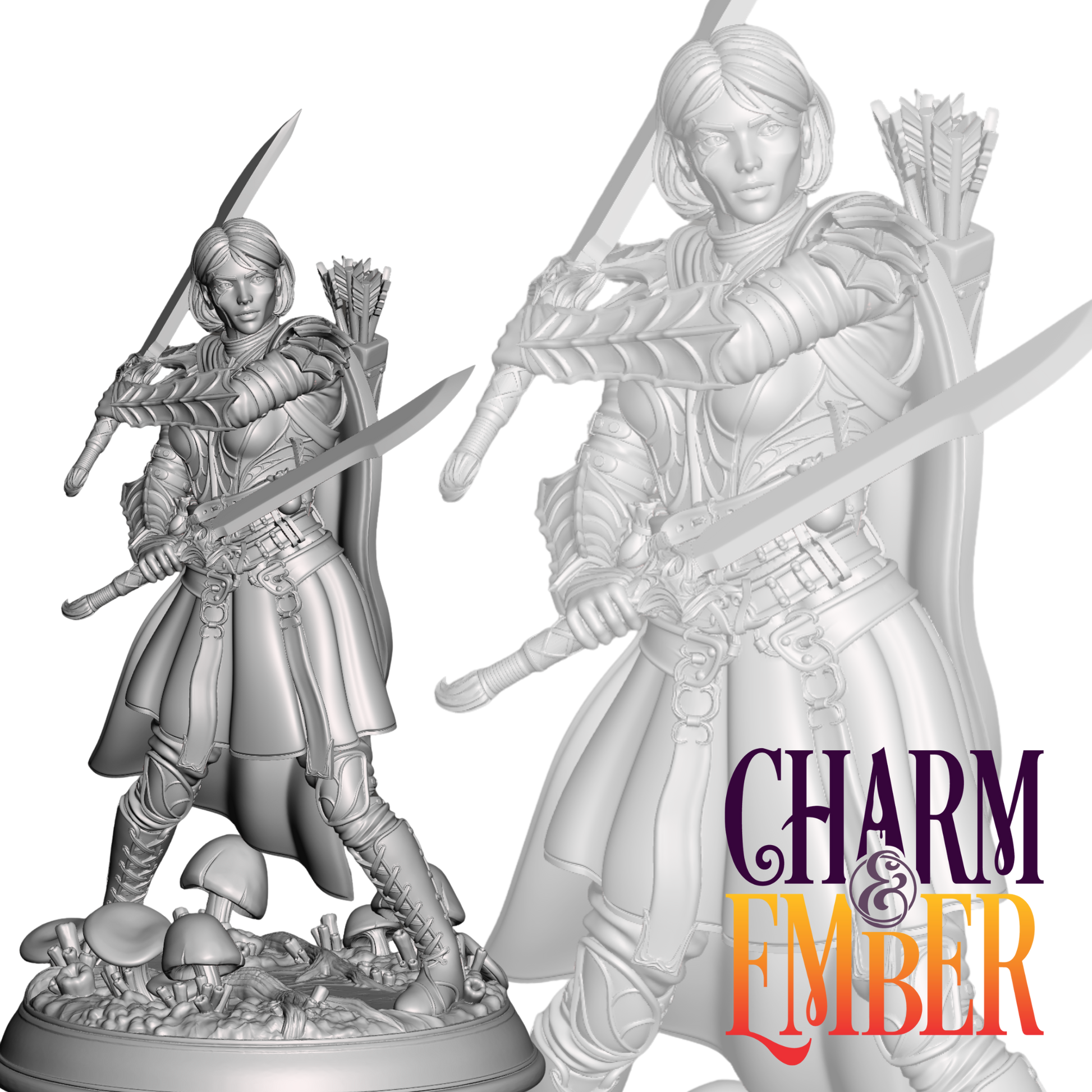Drow warrior woman crossing dual swords in combat pose