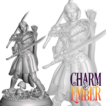 Drow warrior woman crossing dual swords in combat pose