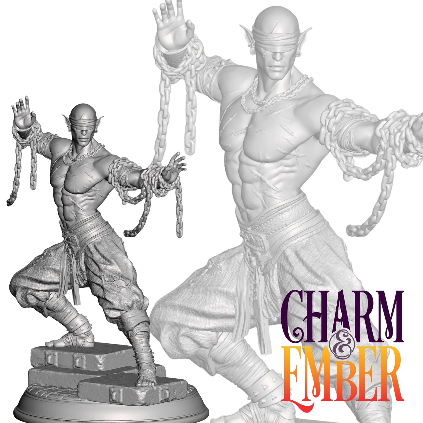 Drow monk miniature with blindfold and broken chains in dramatic pose