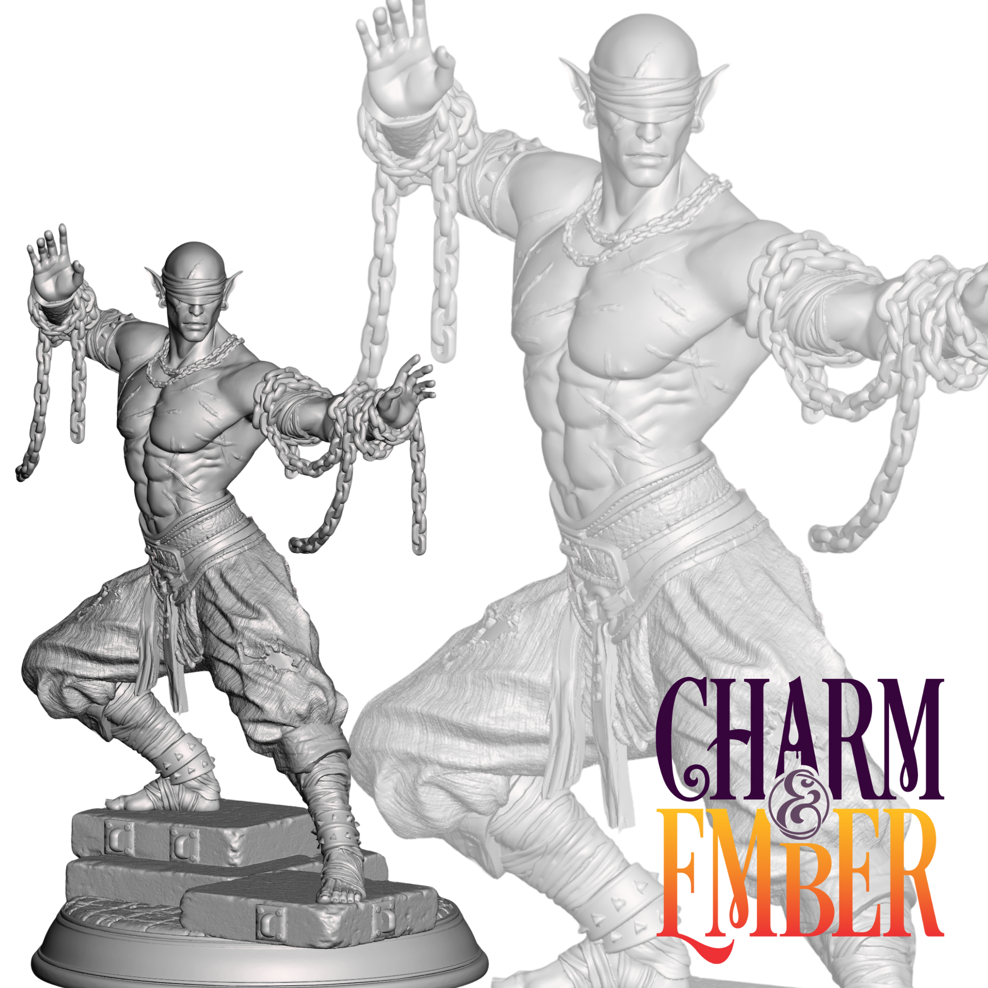 Drow monk miniature with blindfold and broken chains in dramatic pose
