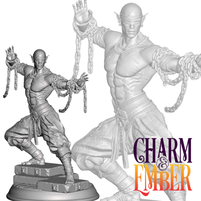 Drow monk miniature with blindfold and broken chains in dramatic pose