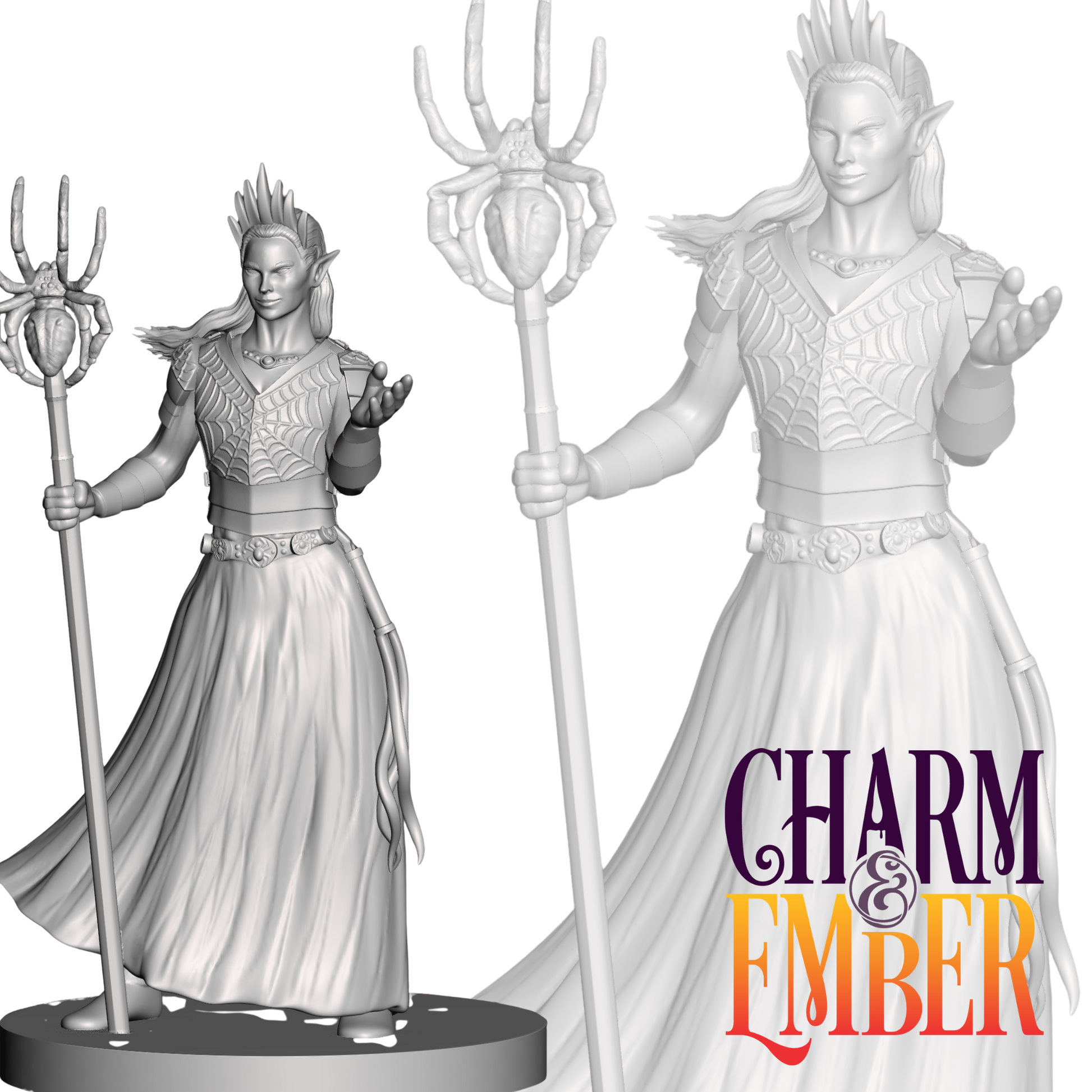 Drow priestess miniature holding a spider-topped staff and wearing ceremonial robes
